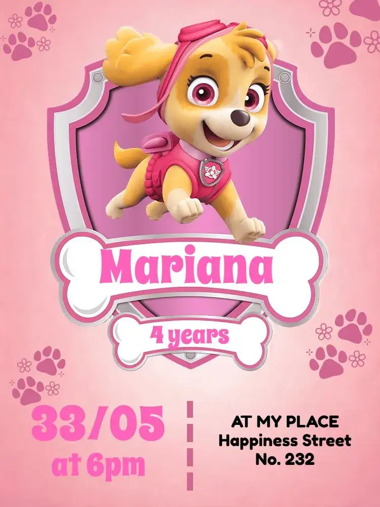 Invitation Paw Patrol Skye Patrol – Kids' Birthday Party theme pink, funny, playful, colorful, childish