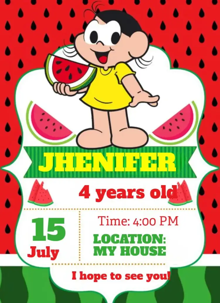 Invitation Magali Eating Watermelon – Kids' Birthday Party theme colorful, fun, childish, tropical, cartoon, cheerful