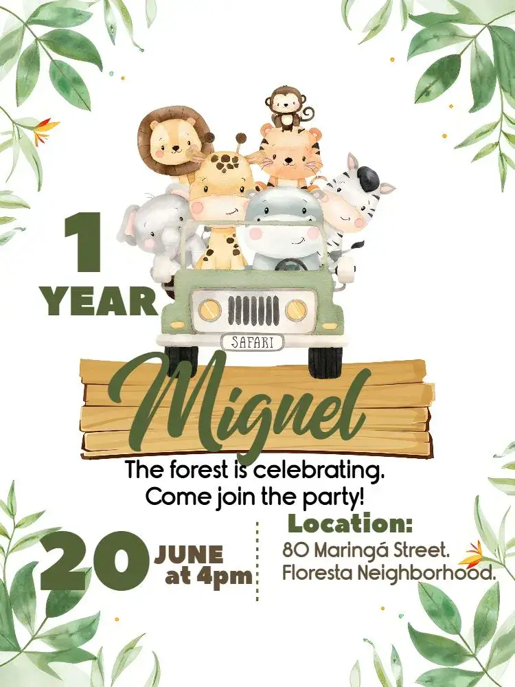 Invitation Safari Lion – Most searched for theme The jungle theme, Animals, Green color scheme, White accents, Adventure-filled, Child-friendly