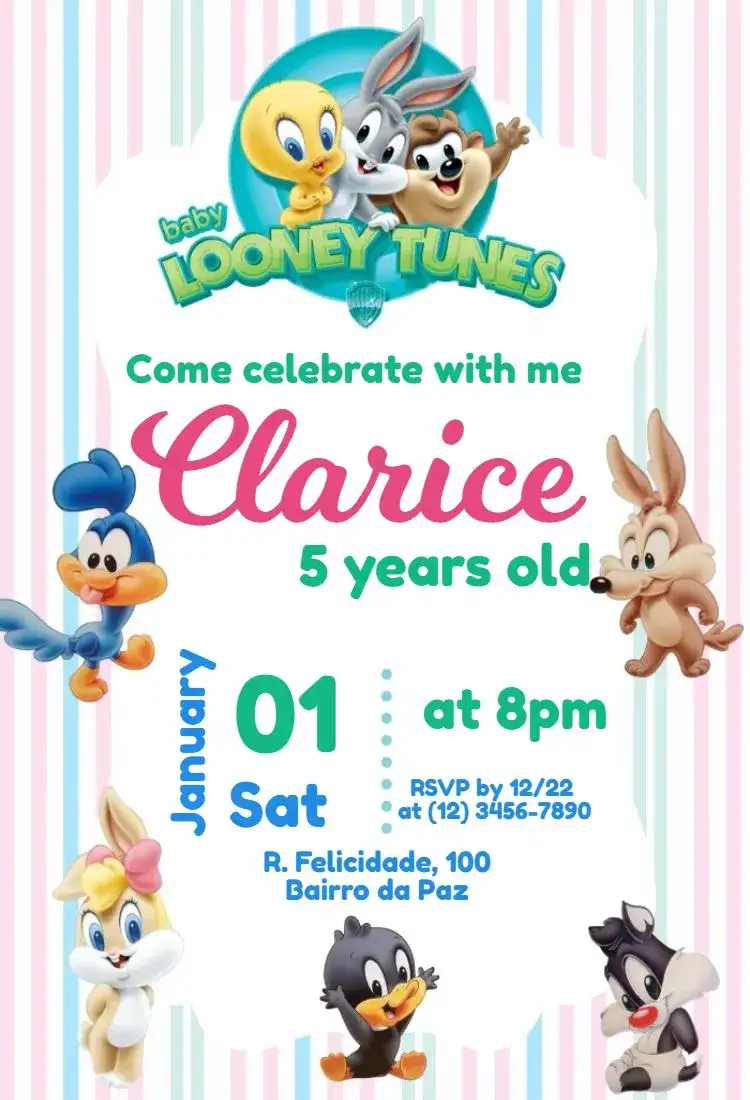 Invitation Baby Looney Tunes Striped – Most searched for theme colorful, fun, childish, striped, animated characters