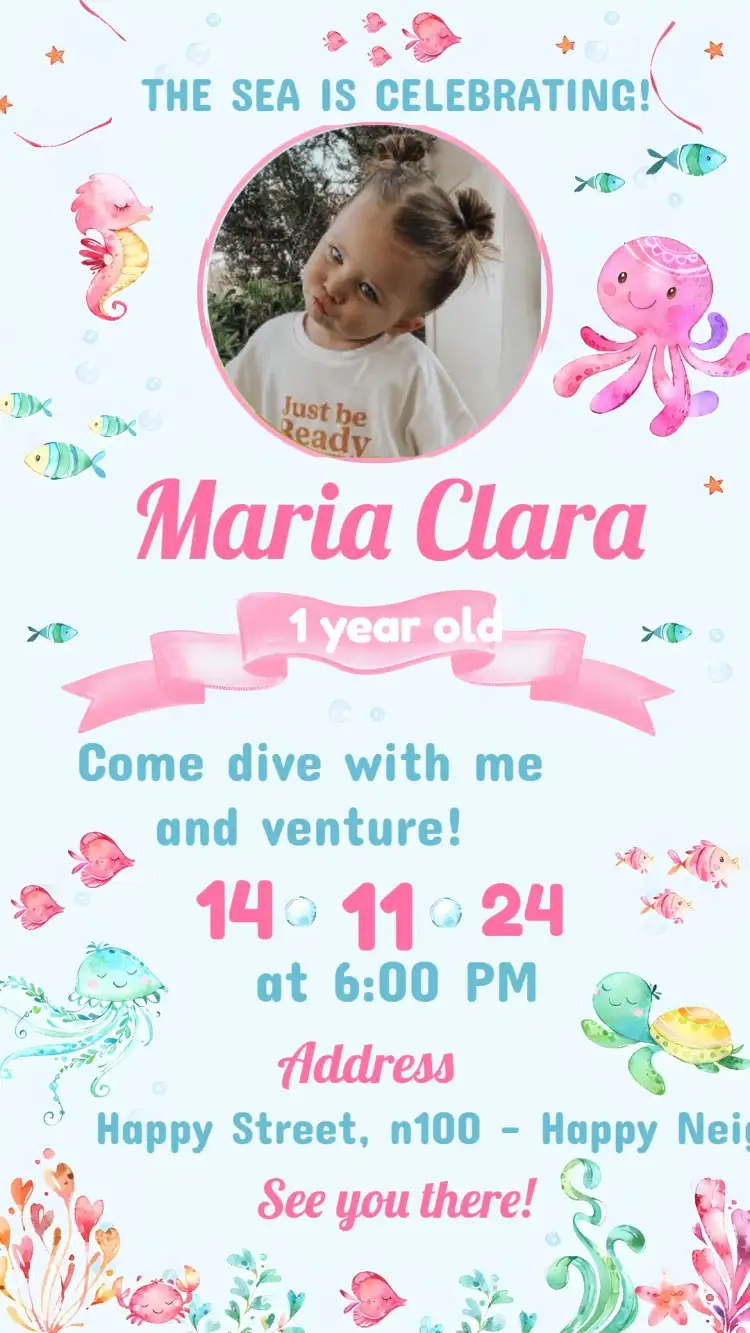 Invitation Under the Sea With Pink Photo – Kids' Birthday Party theme under the sea, pink, fun, colorful, childish, navy blue