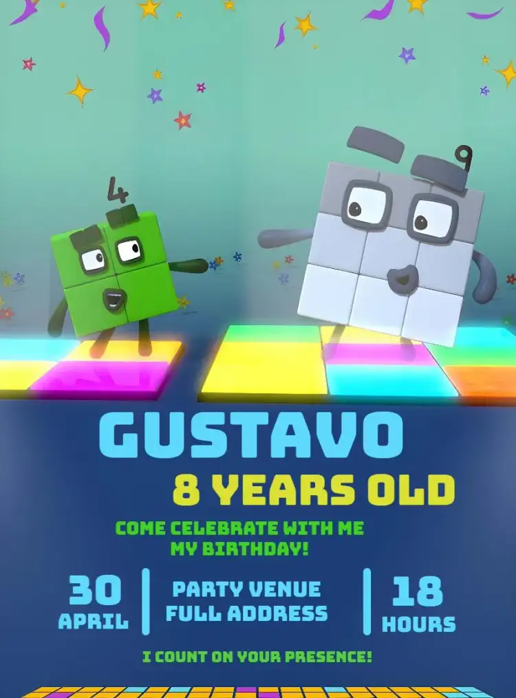 Invitation Numberblocks Drawing – Kids' Birthday Party theme colorful, fun-filled, educational, playful, child-friendly, contemporary
