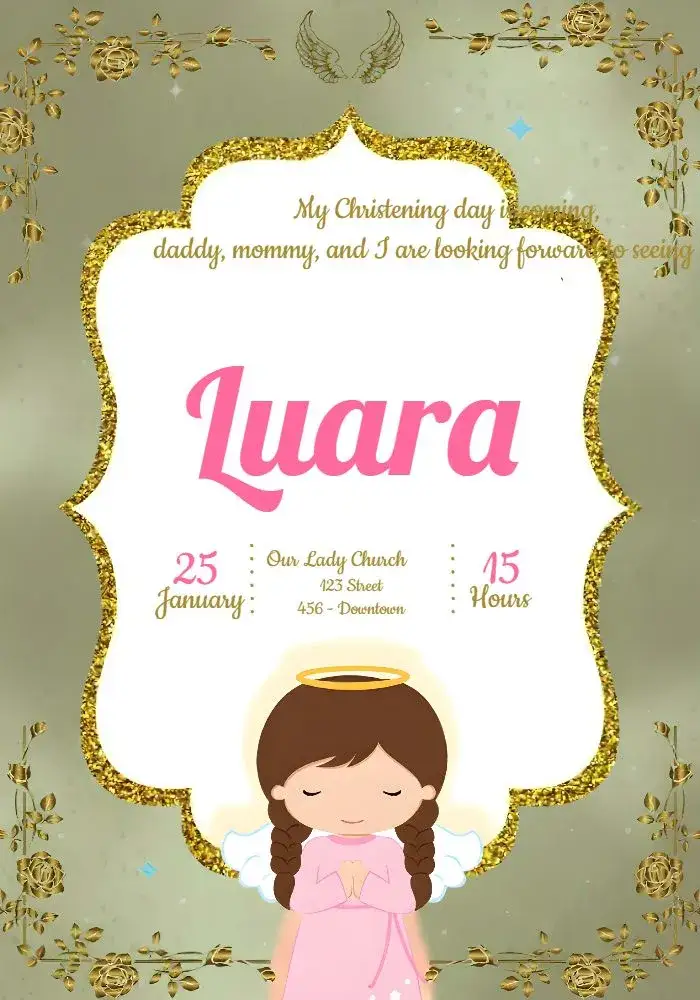 Invitation Glitter Baptism – Baptism theme pink, golden, delicate, sparkle, little angel, modernity