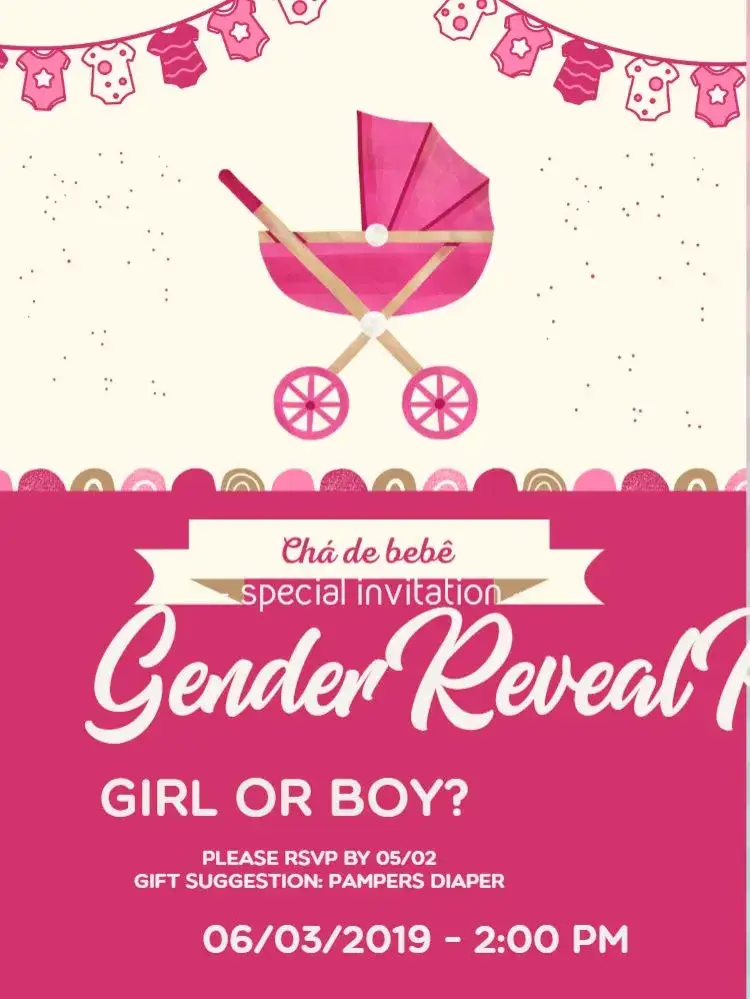 Invitation Baby Carriage Cloud Gender Reveal – Raffle Tea theme playful, childlike, blue and pink, clouds, baby stroller, colorful socks