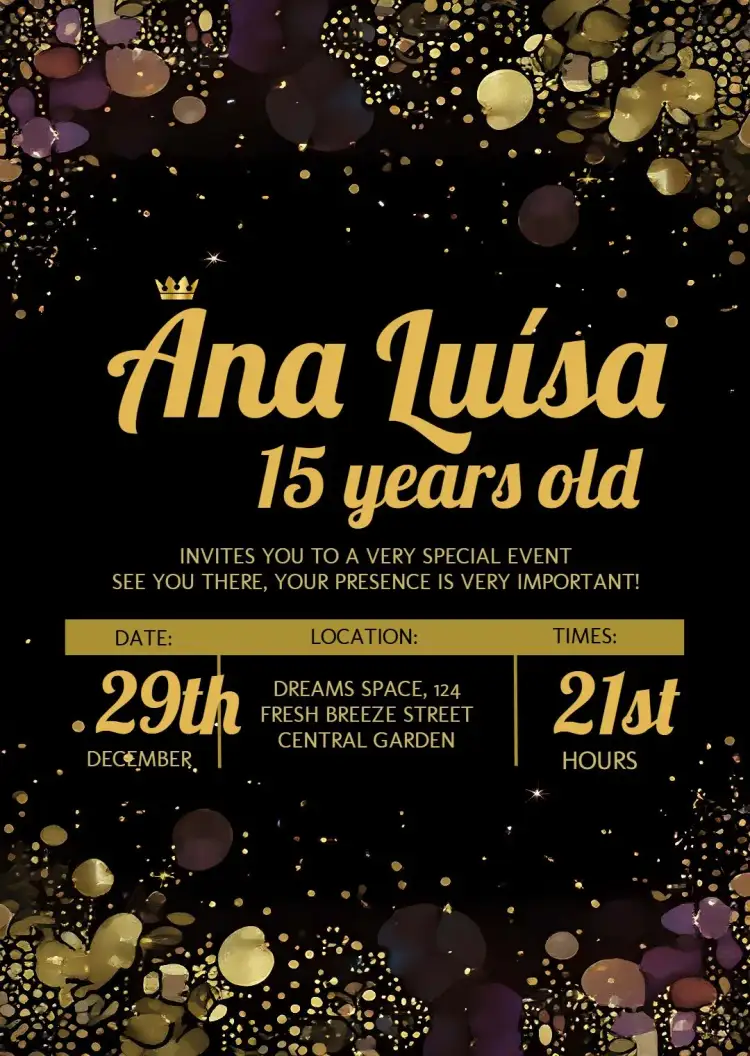 Invitation 15 Years Golden and Black Luxury – Kids' Birthday Party theme golden, black, luxury, glamour, modern, elegant