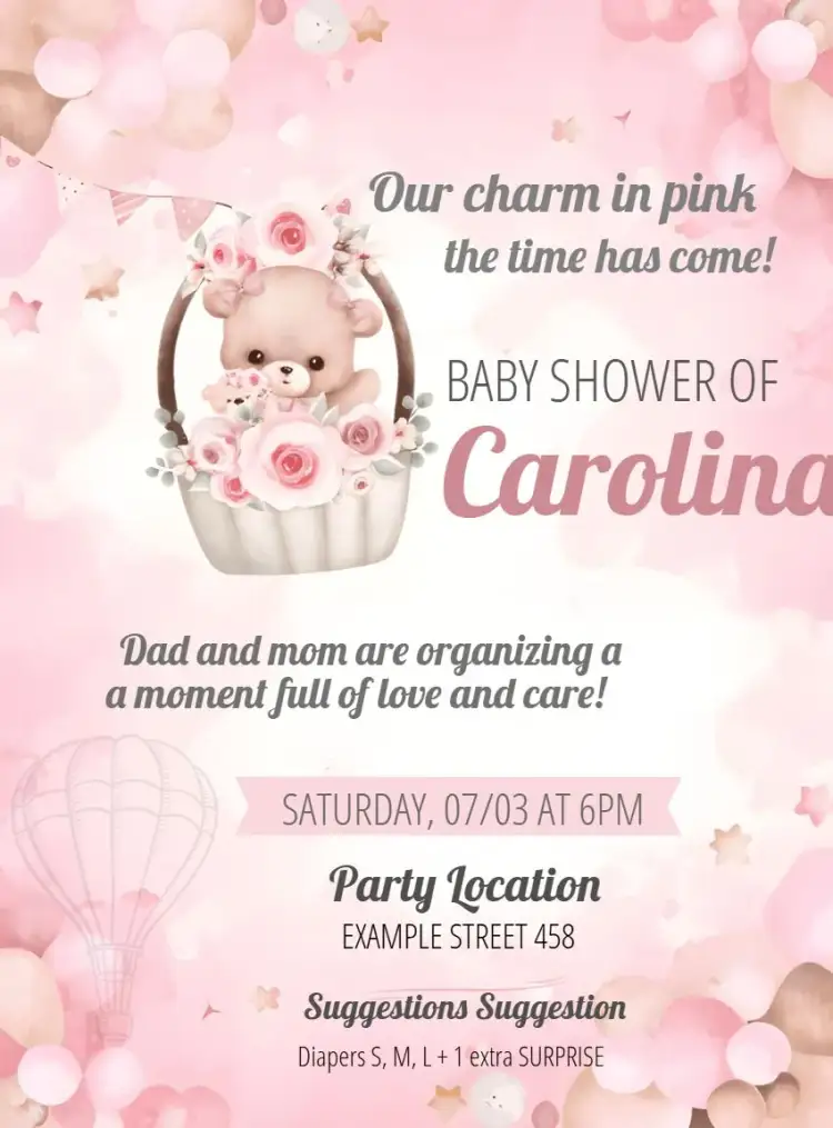 Invitation Baby Shower Teddy Bear Balloonist – Diaper Shower theme pink, delicate, playful, cute, modern