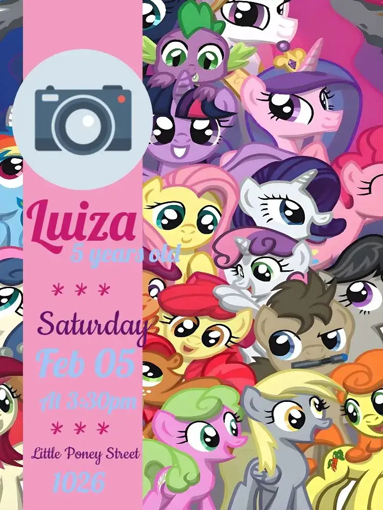 Invitation My Little Pony With Child Photo – Kids' Birthday Party theme colorful, childlike, pink, themed, cartoon, fun