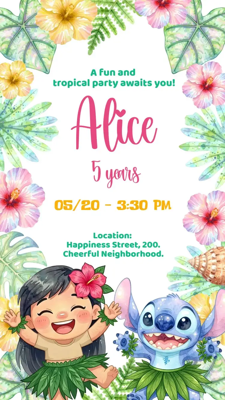 Invitation Digital Invitation Lilo and Stitch Cute – Kids' Birthday Party theme tropical, watercolor, colorful, fun, friendly, Disney-inspired