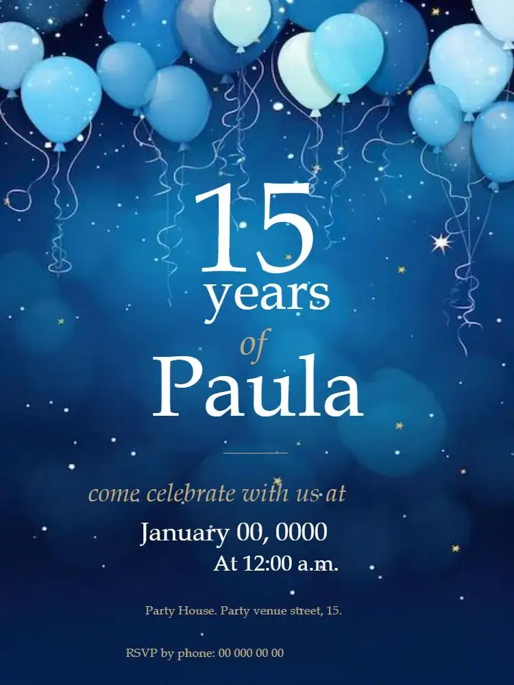 Invitation 15th Birthday Blue Editable Balloons – Sweet 15 theme blue, elegant, delicate, balloons, modern, party