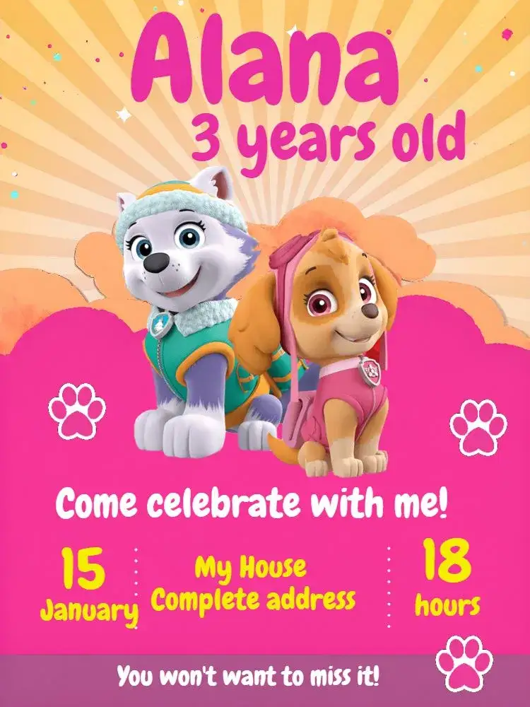 Invitation Digital Paw Patrol – Kids' Birthday Party theme vibrant colors, children's characters, fun style, colorful design, Paw Patrol graphic elements