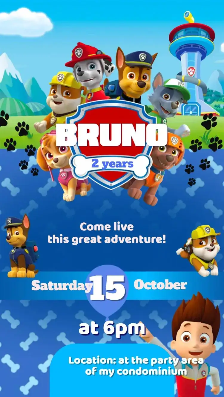 Invitation Paw Patrol – Kids' Birthday Party theme vibrant, colorful, fun, modern, childlike