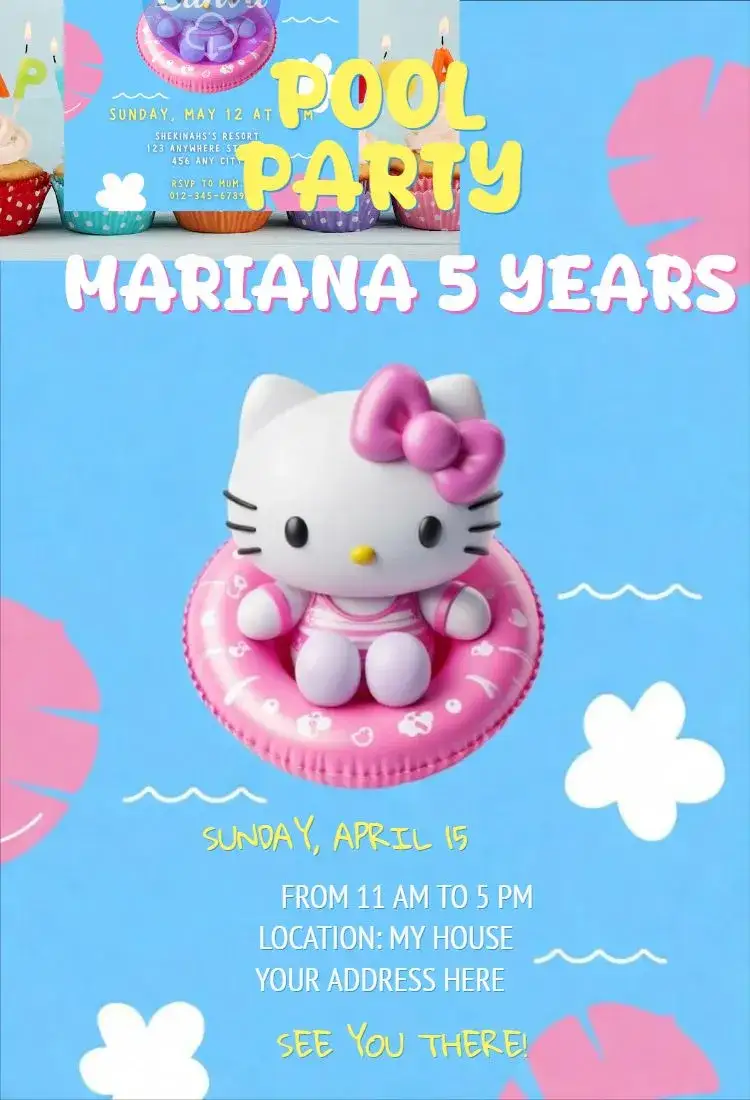 Invitation Pool Party Hello Kitty – Birthday theme soft colors, modern style, fun graphic elements, children's theme, cheerful look, colorful style