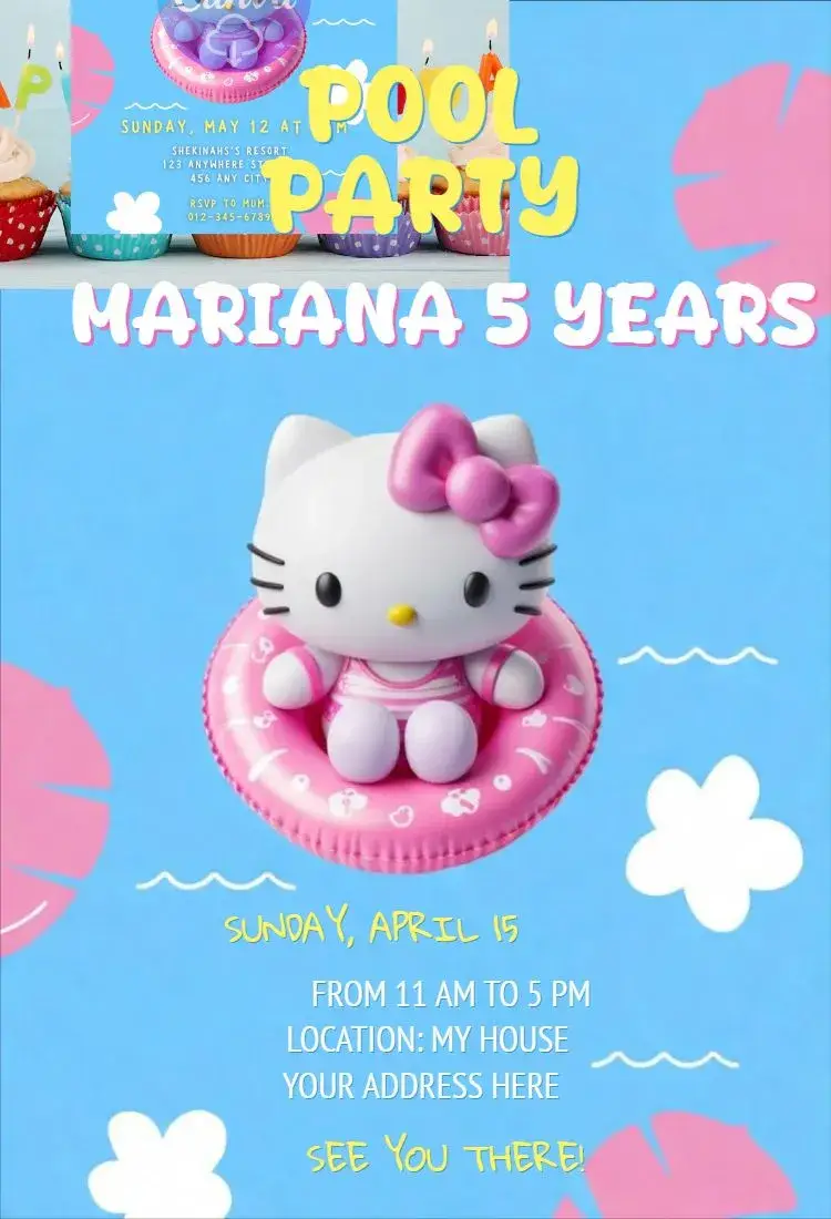 Invite Pool Party Hello Kitty editable and customizable