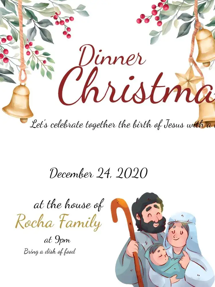 Invitation Christmas Dinner Bells – Commemorative Dates theme green, golden, red, festive, classic, elegant