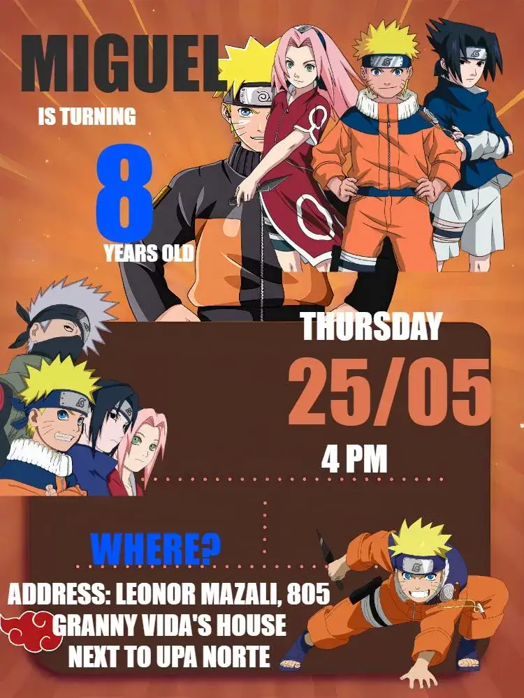 Invitation Naruto Drawing – Kids' Birthday Party theme ninja, anime, aventura, colorido, jovial, moderno