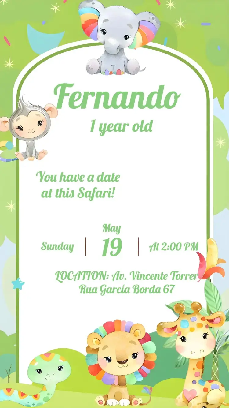 Invite Safari First Birthday editable and customizable