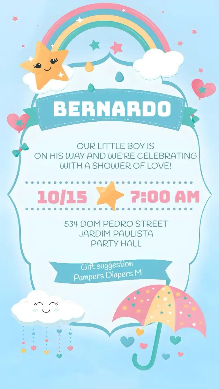 Invitation Baby Shower Rain of Love Blessing – Diaper Shower theme clouds, stars, soft colors, playful style, childish design, love and care