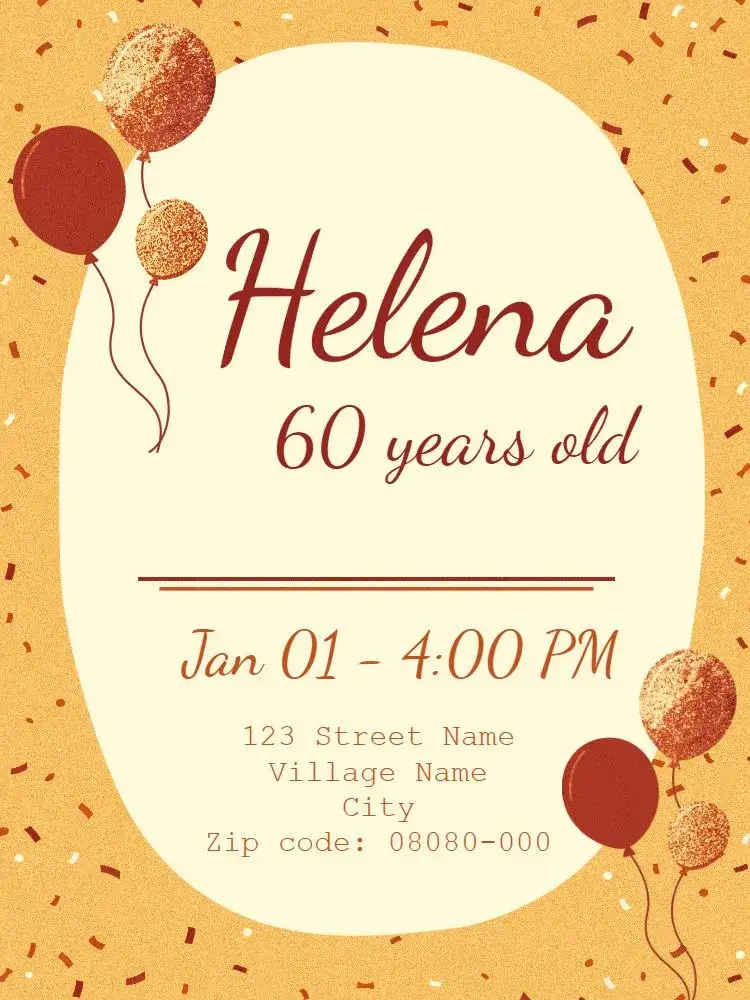 Invitation Yellow 60th Birthday Party – Kids' Birthday Party theme yellow, orange, festive, bright, balloons, confetti