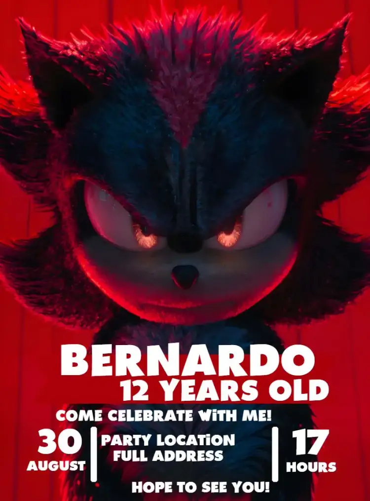 Invitation Shadow Sonic 3 Movie – Kids' Birthday Party theme modern, fun, thematic, colorful, adventure, youthful