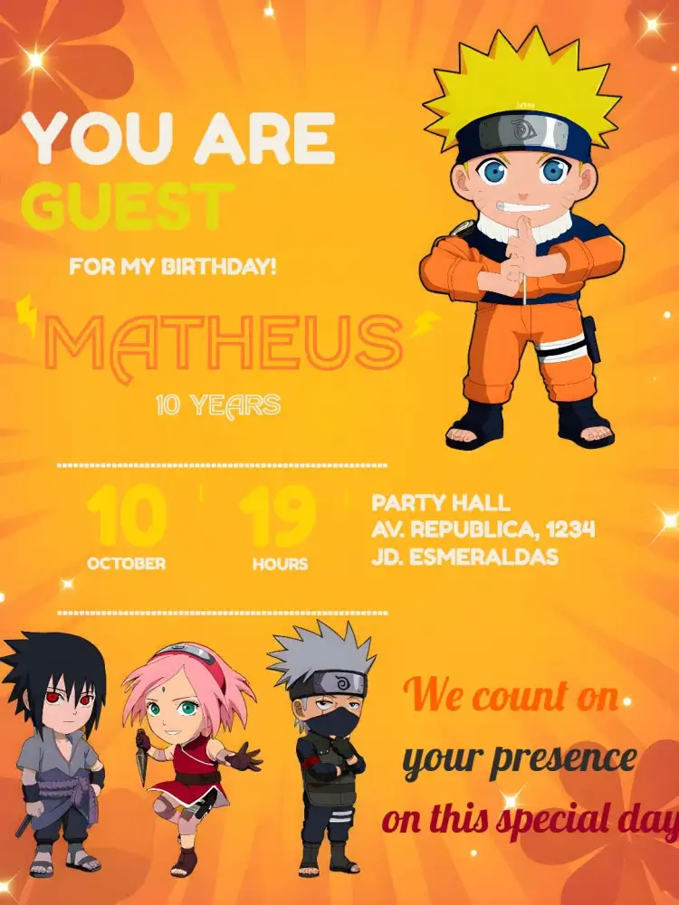 Invitation Naruto Sasuke – Kids' Birthday Party theme ninja, colorful, cartoon-themed, adventure-themed, cartoonish, themed
