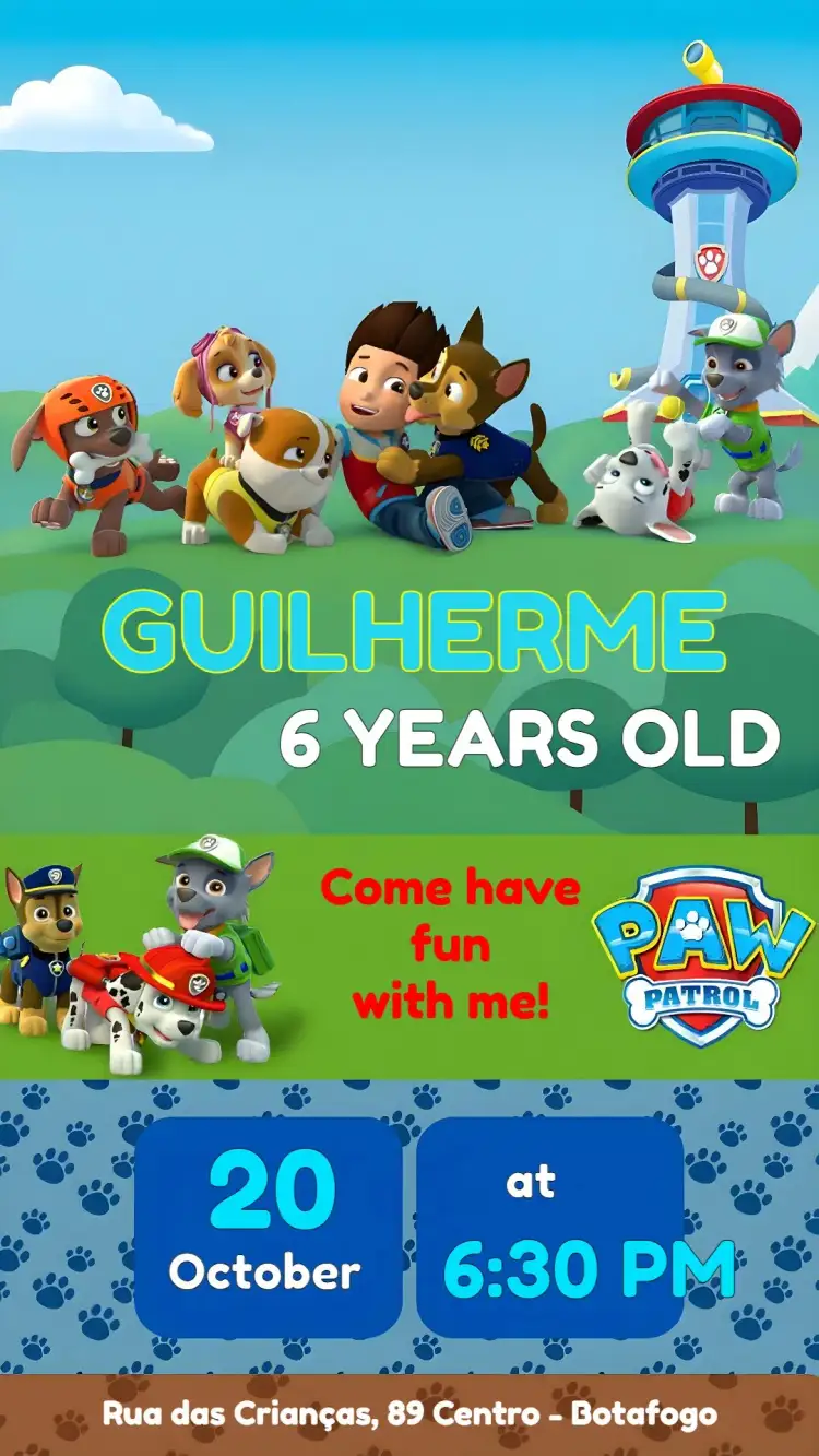 Invitation Blue Paw Patrol – Kids' Birthday Party theme blue, fun, themed, children's, colorful