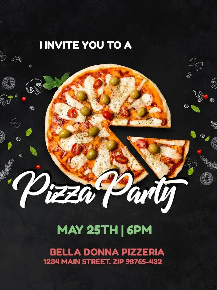 Invitation With Dark Pizza Theme Adult – Kids' Birthday Party theme modern, fun, relaxed, youthful, colorful