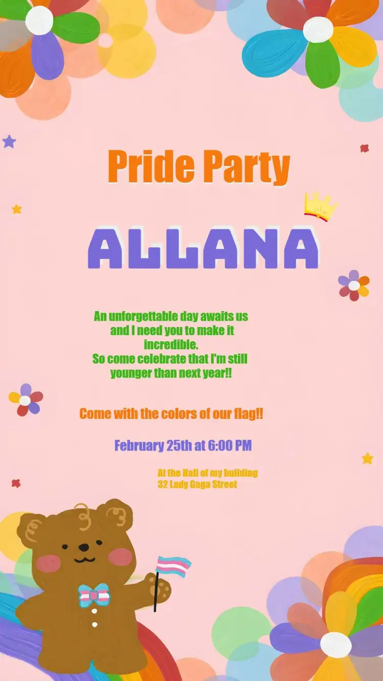 Invitation Lgbtqia+ Teddy Bear Party – Commemorative Dates theme colorful, modern, diversity, cheerful, animal illustrations, festive
