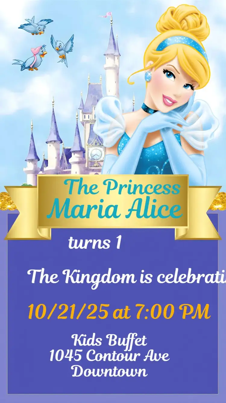 Invitation Cinderella – Kids' Birthday Party theme light blue, white, gold, fairytale style, princess graphic elements, sparkling touches