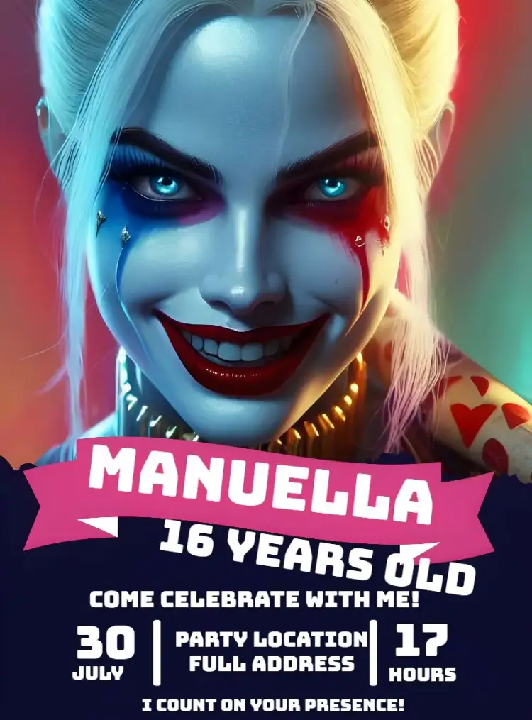 Invitation Harley Quinn Joker – Kids' Birthday Party theme colorful, themed, vibrant, playful, feminine, comic book