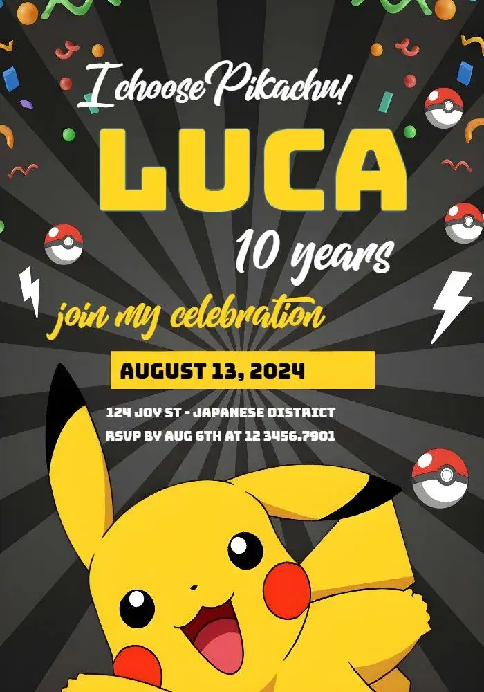 Invitation Pokemon Pikachu Rocket – Most searched for theme colorful, anime, fun, lively, themed