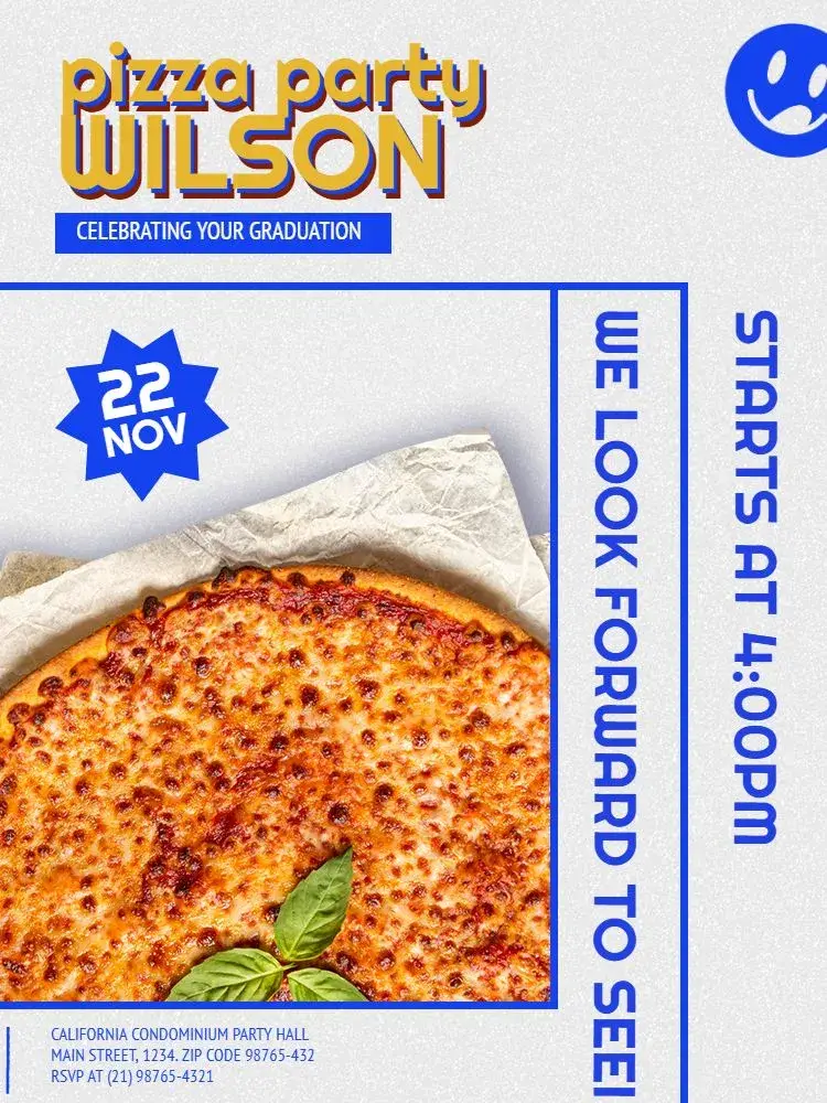 Blue Pizza Graduation Party invitation