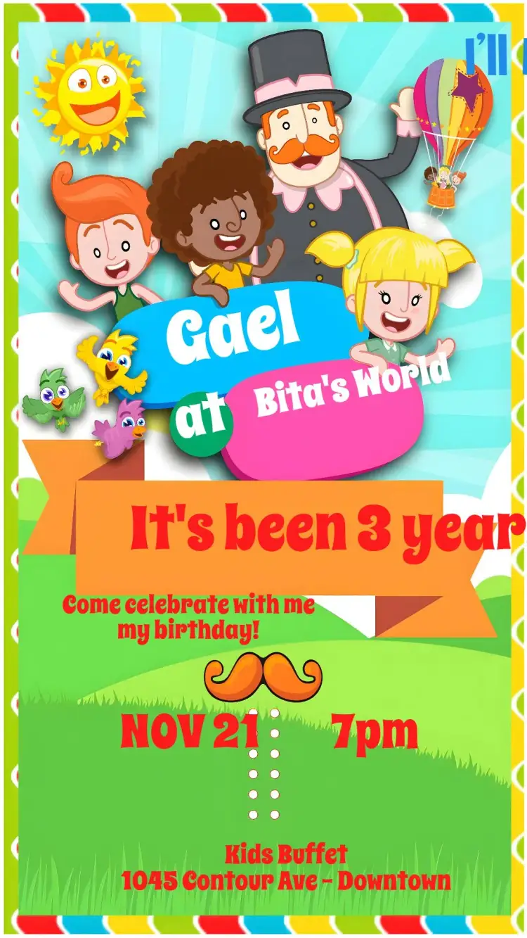 Invitation Mundo Bita – Kids' Birthday Party theme colorful, fun, childish, playful, characters, themed
