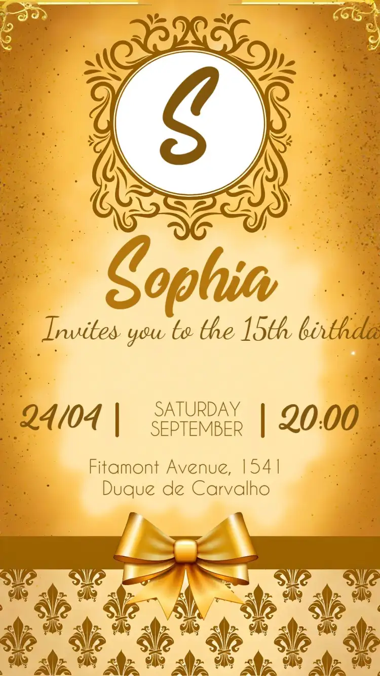 Invitation Golden Bow 15 – Sweet 15 theme golden, sparkling, elegant, modern, sophisticated, festive