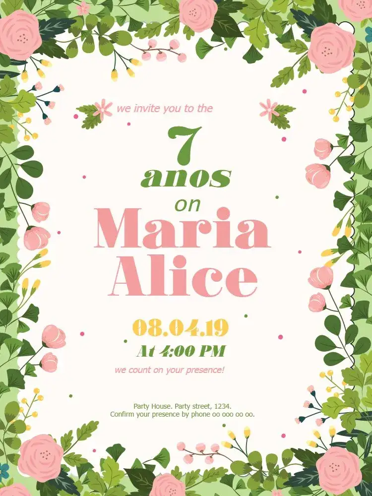 Invitation Kindergarten Garden – Kids' Birthday Party theme floral, delicate, spring, pink, colorful