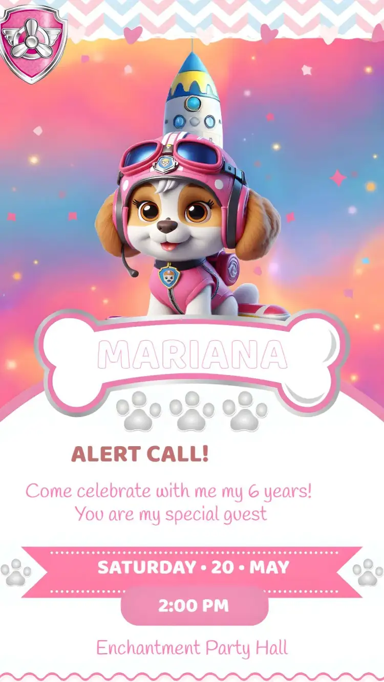 Invitation Skye Paw Patrol Kids – Kids' Birthday Party theme pink, colorful, themed, childish, fun, lively
