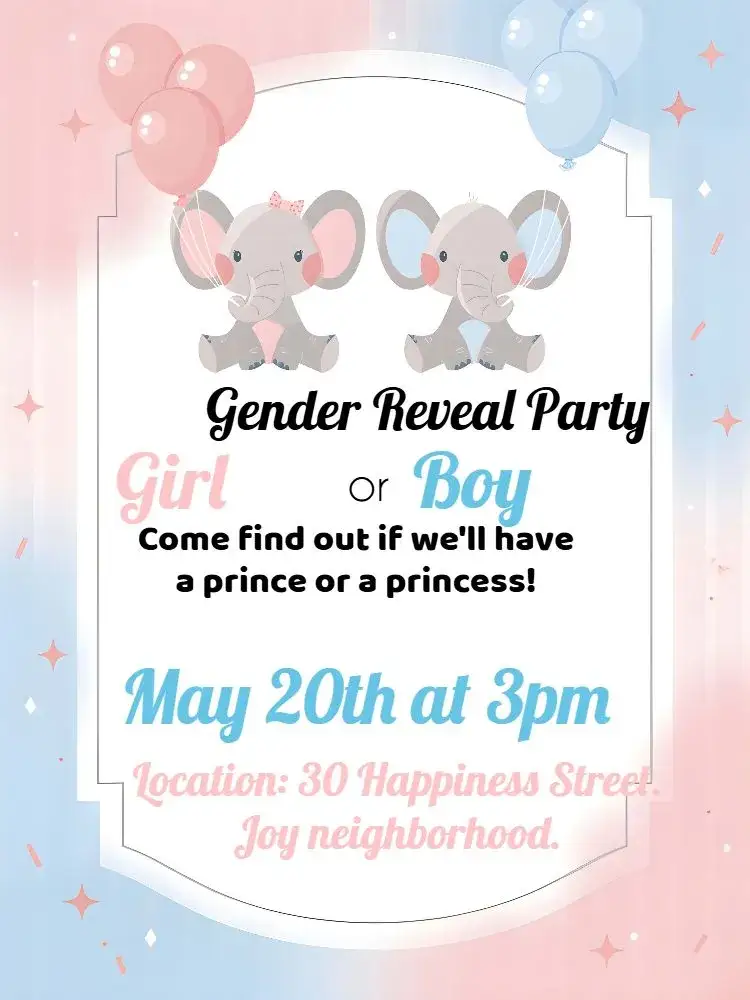 Invitation Elephant Blue Gender Reveal Tea – Gender Reveal theme blue, white, fun, childlike, cute, colorful