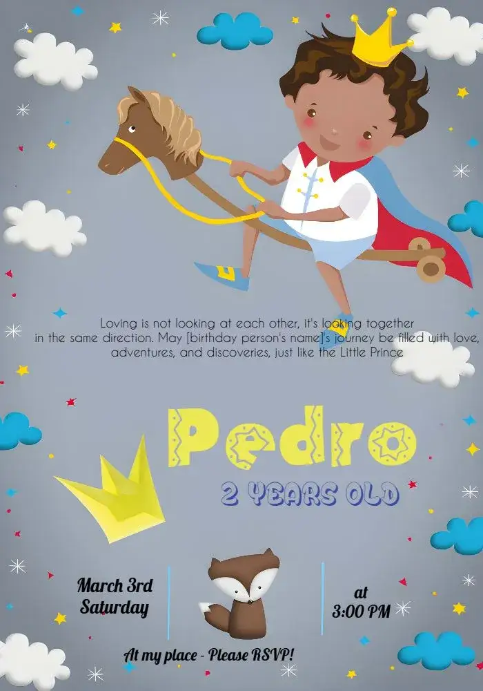 Invitation The Little Yellow Prince – Commemorative Dates theme yellow, white, children's, playful, colorful, illustrations