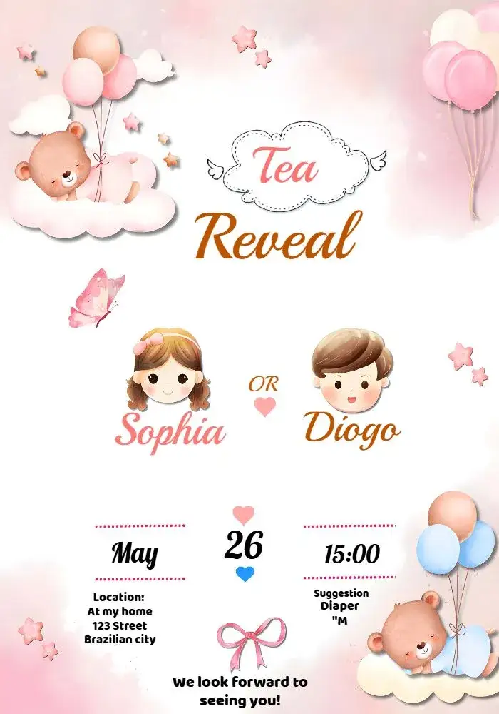 Invitation Teddy Bears Baby Shower Gender Reveal – Kids' Birthday Party theme brown, blue, childish, playful, cute, fun