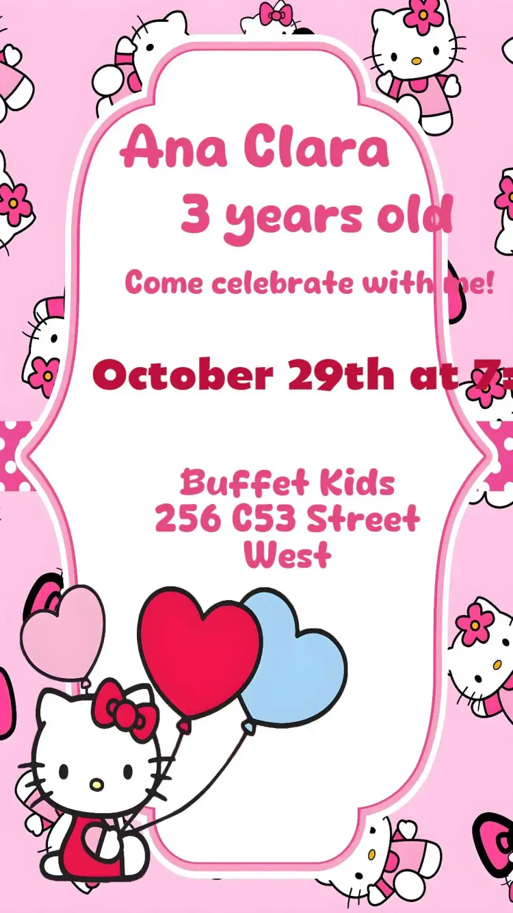 Invitation Hello Kitty – Sweet 15 theme vibrant colors, playful style, Hello Kitty graphic elements, children's theme, fun visual