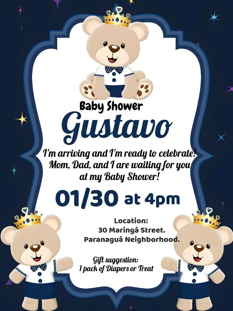 Invitation Baby Shower Little Prince Teddy Bear Favor – Most searched for theme blue, white, black, teddy bear, royalty, modern
