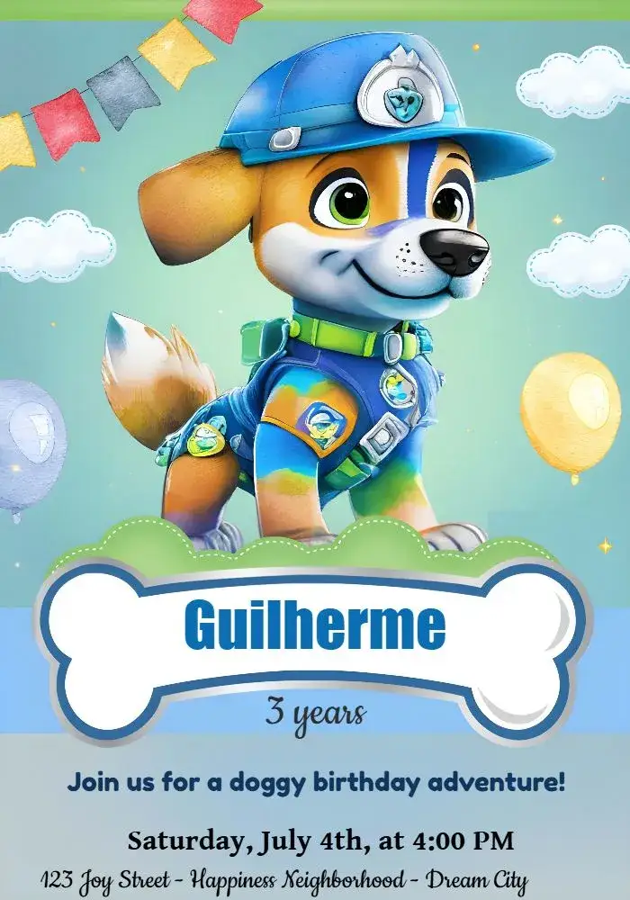 Invitation Green Paw Patrol – Kids' Birthday Party theme watercolor, colorful, themed, fun-filled, childlike