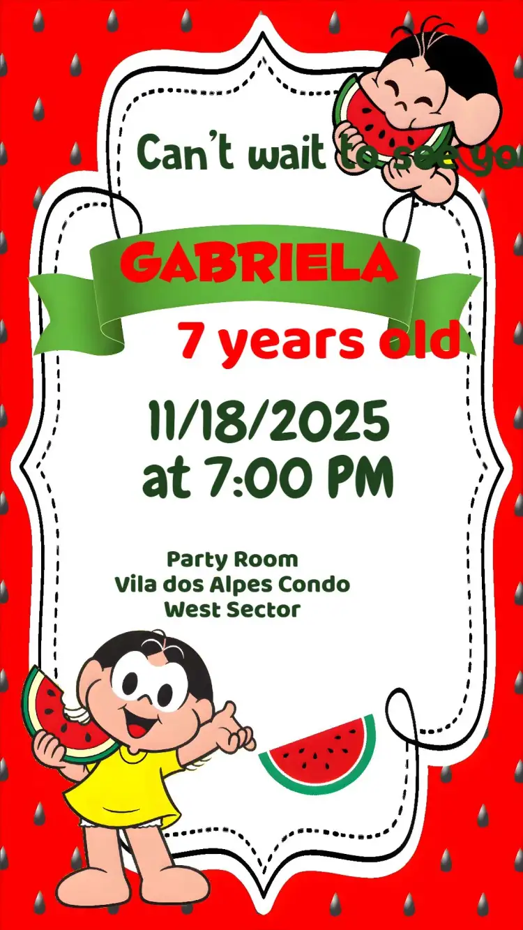 Invitation Magali – Kids' Birthday Party theme colorful, fun, childish, Mônica illustrations, cartoon style, playful