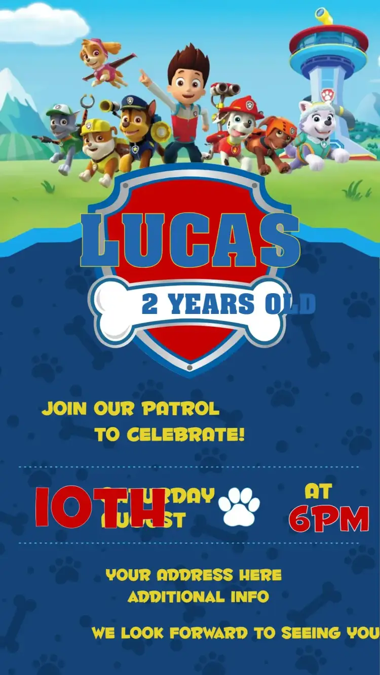 Invitation Paw Patrol – Kids' Birthday Party theme vibrant blue, fun style, animal graphic elements, adventurous theme, colorful illustrations, modern design