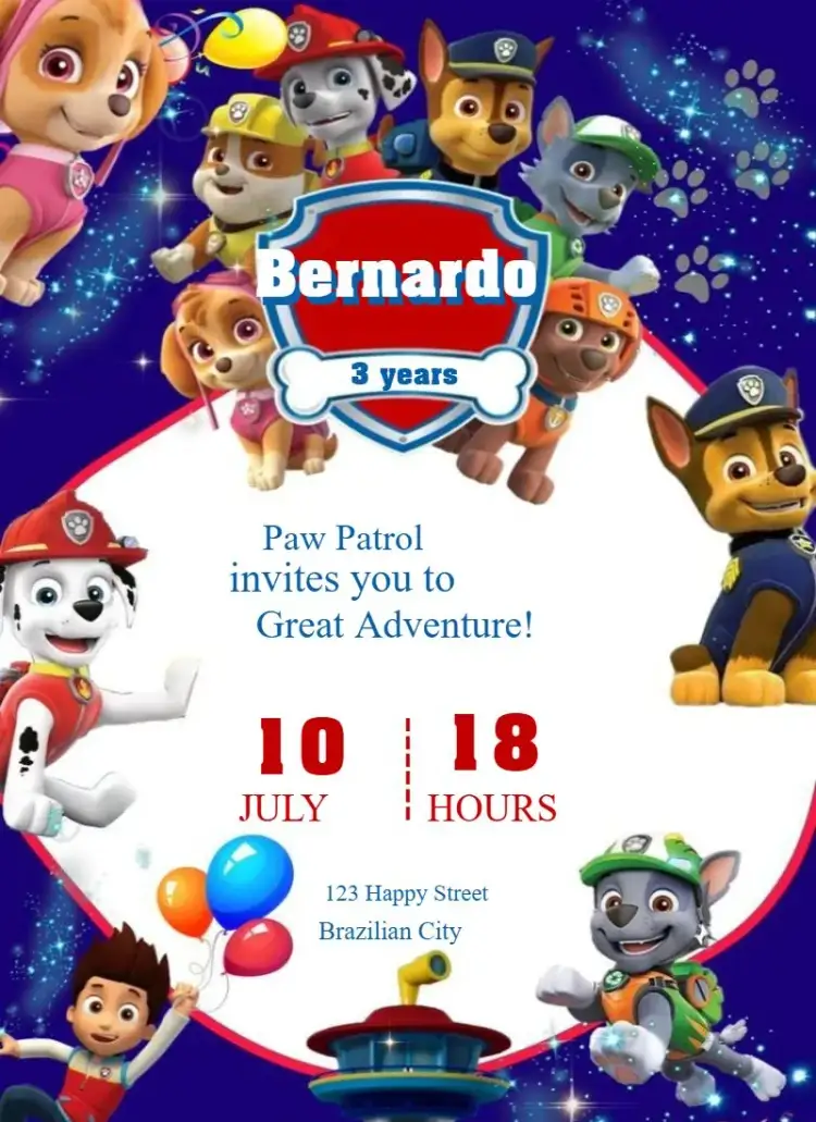 Invitation Paw Patrol 3 – Kids' Birthday Party theme colorful, fun, themed, childish, lively