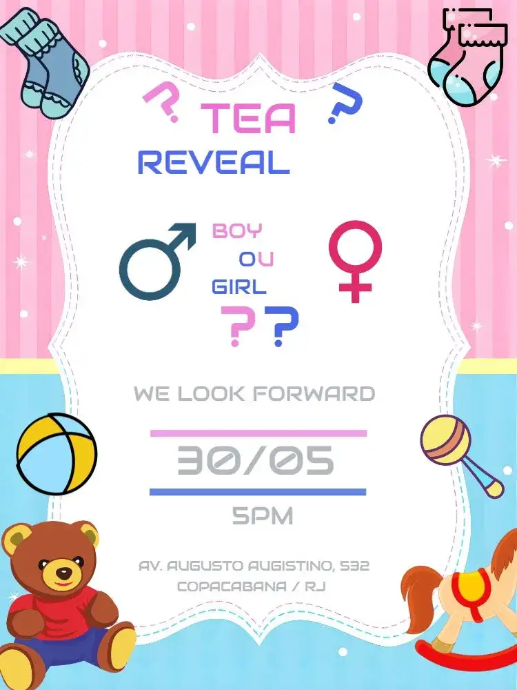 Invitation Pink And Blue Gender Reveal Tea Party – Gender Reveal theme pink, blue, toys, fun illustrations, modern design, playful style