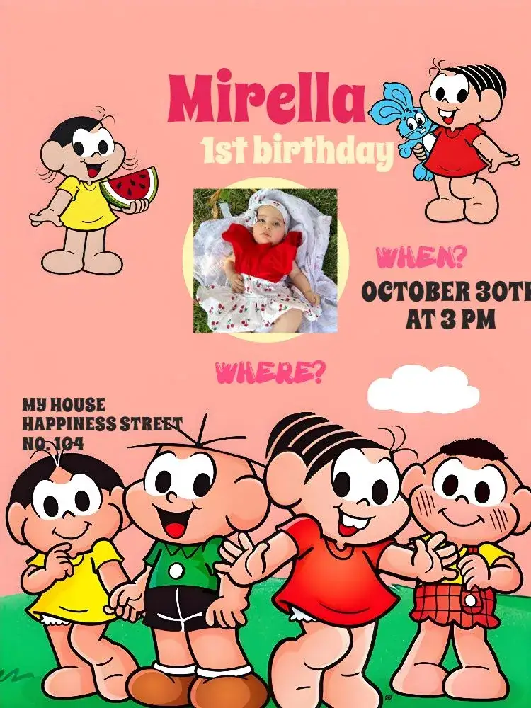 Invitation Turma Da Mônica With Cloud Photo – Kids' Birthday Party theme pink, lilac, white, playful, fun, childlike