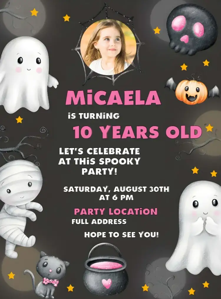 Invitation Halloween With Ghost Photo – Commemorative Dates theme dark colors, Halloween graphic elements, fun design, witches and ghosts, playful style