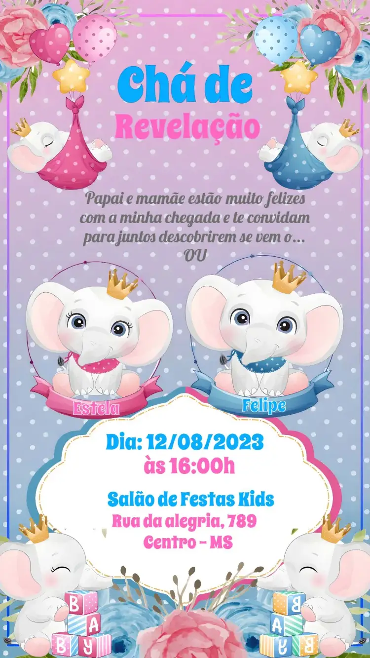 Invitation Elephant Girl Gender Reveal Tea Party – Gender Reveal theme elephant, pink and blue, fun, childish illustrations, modern, colorful