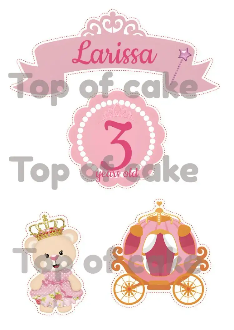 Invitation Topo De Bolo Ursinha Princesa Carruagem – Cake topper theme pink, white, royalty, childlike, playful
