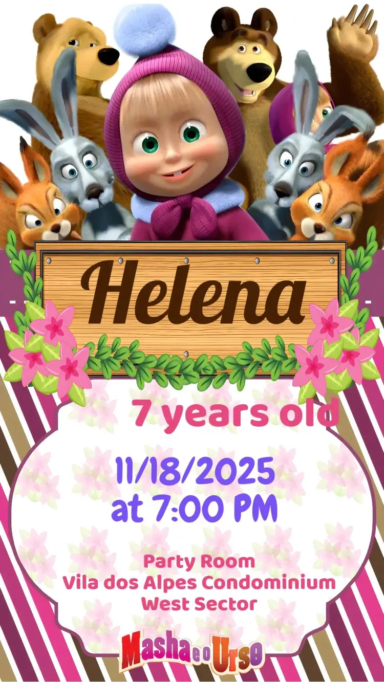 Invitation Masha and the Bear – Kids' Birthday Party theme colorful, fun, childish, playful, lively, charming illustrations